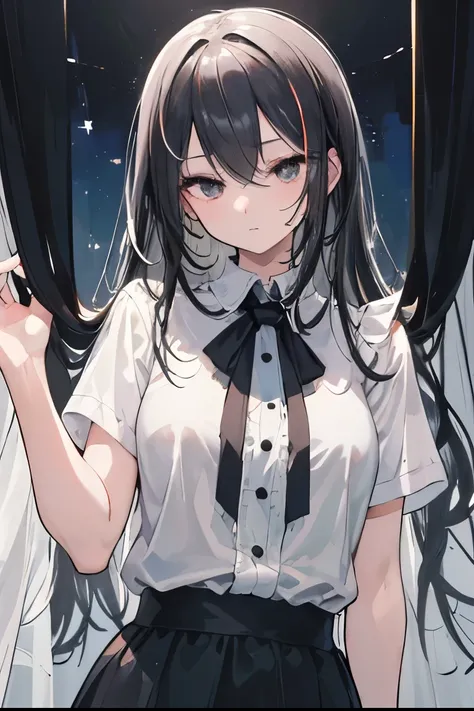 (best quality:1.3), (masterpiece:1.3), (illustration:1.3), (ultra-detailed:1.3), (imid shot:0.9), ((Detailed Black Color Eye)),... (Calm expression)... ,A girl Black long hair, Hair between eye, Fluffy curtain bangs, wavy hair, bangs, gradient hair, turquo...