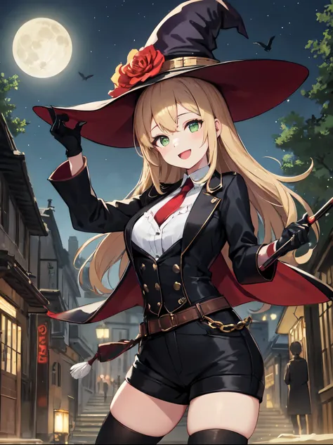 best quality, integrated scenery, integrated background, extremely delicate and beautiful, meticulous details, good composition, , cute face, perfect face, perfect hands,masterpiece, best quality, witch hat, black gloves, thighhighs, looking at viewer, smi...