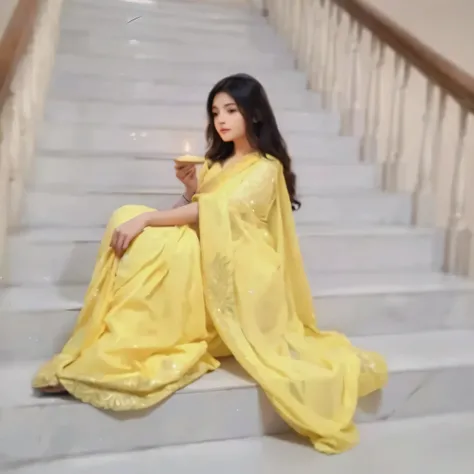 A young woman wearing a bright yellow saree with golden embroidery sits gracefully on a white staircase, holding a lit candle in her hand. The setting is serene, with soft light illuminating her face. The staircase has clean, polished steps, and a light wo...