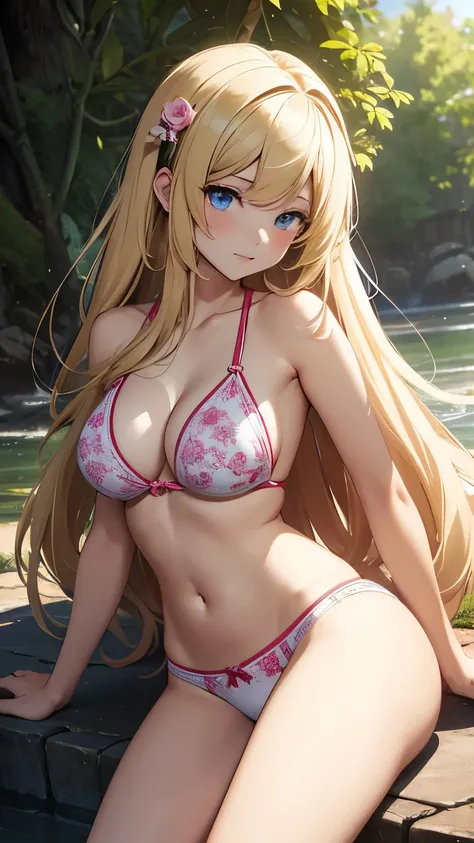 (absurd, high-resolution, super detailed), Hu tao, 1 girl, solo, (long blonde hair,), colorful, supreme detailed, bikini, underwear, outdoors, flushed face, anime full body illustration, girly feeling, white panties, exposed panties, surreal , beautiful an...