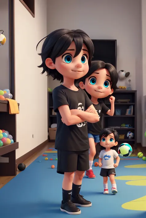   little s with black hair and blue eyes and wearing a black t-shirt and a white short playing soccer.their parents brought them lots of candy  