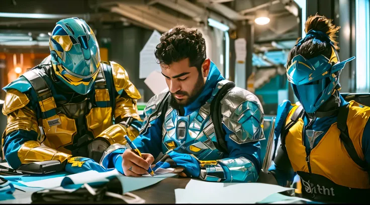 arafed image of a man in a yellow and blue costume writing on a piece of paper, 