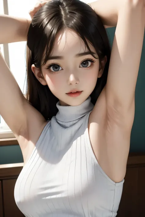  top quality , detailed face ,  cute face,  Masterpiece ,  lady,  cap,  pure white sleeveless high neck sweater,  Im raising my arms to show my armpits, Bare shoulders, Bare arms,
