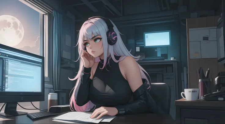 "A woman with a well-endowed figure, sitting at a modern desk with her hands poised over the keyboard, actively typing lines of code on the glowing computer screen. Her expression is one of intense concentration, her brows slightly furrowed as she focuses ...