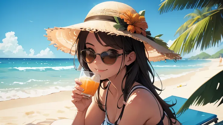 a girl in the beach, drinking coconut water, smiling with sun glasses, chill, bossa nova vibes