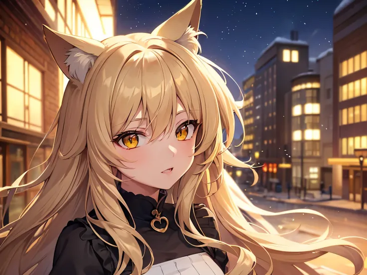 Anime girl character with flowing hair blonde, yellow eyes with cat ears and wearing a winter dress, with a background in the city, (best quality:1.1), (masterpiece:1.2), high quality shadow, beautiful detailed, (high detailed skin, skin details), (wide_la...