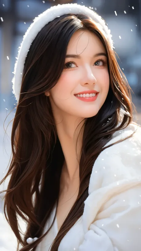 (Aesthetic, High Resolution: 1.2), full-body portrait of a beautiful 20-year-old woman wearing an intricately detailed red boby Santa Claus costume, symmetrical costume structure, bright clear eyes, happy smile, changing hairstyle, falling snow, snow in ha...