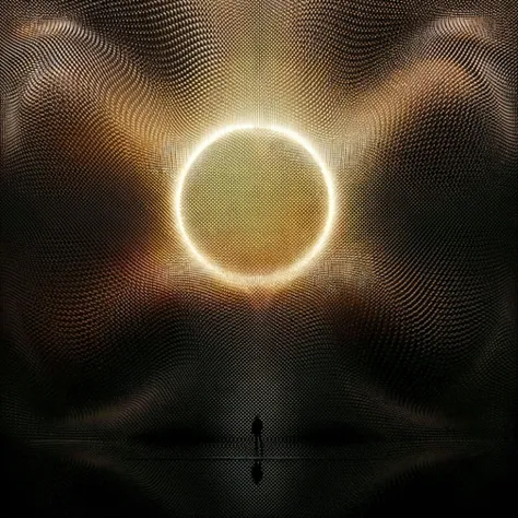 a close up of a person standing in front of a large circle, refik anadol, otherworldly visuals, olafur eliasson, volumetric light ， surreal, by Zha Shibiao, black hole sun, amazing lighting effect, blackhole sun, amazing light, surreal lighting, jon sibal....