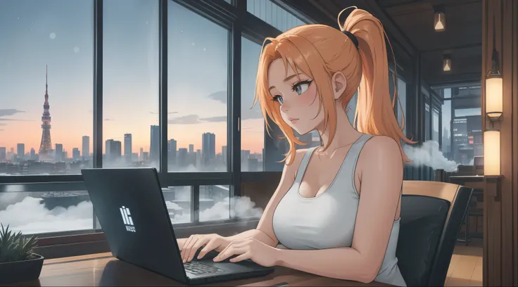 "A young woman with blonde red hair tied in a ponytail is sitting in front of a laptop, her hands actively typing as she focuses intently on coding. The camera angle captures her from the side, showcasing her white tank top and black leggings. The desk is ...