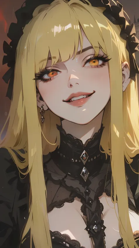 ( red eyes,  yellow eyes ), black lace , ((  right eye red , left eye yellow  )),  beautiful blonde villain  , ((  long-haired blonde, bangs on the forehead)),  half-turned ,  raised her head up,  golden long hair with bangs, ((Heterochromia, (  right eye ...