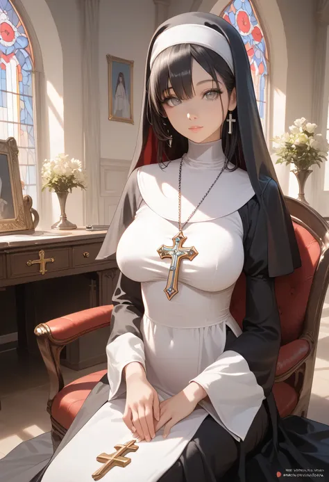 (((High quality, masterpiece, detailed))) Nun, long and straight hair with no bangs, soft grey eyes, big breast, (slender), slim , (young), 18 years old, simple black and white nun clothing. (black hair), modern living room setting , sitting 