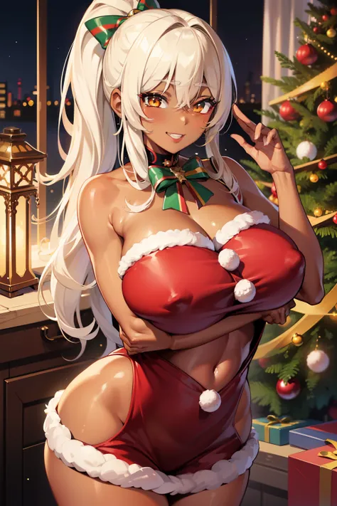 Brown skin, dark skin, Best quality,black skin, tan skin, santa, santa outfit, santa , smile, sexy smile, sexy gaze, smilw, sexy santa outfit , Christmas outfit, indoors, Christmas tree, very curvy, dark brown skin, curvy woman, long blond hair, men, , blo...