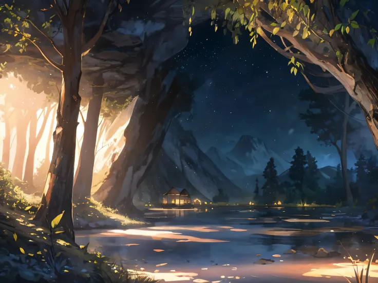 Forest at night, almost no light. There is a small cave in the middle of the forest with a small pond, there are mountains in the distance. Inside the cave there are houses made of old straw, dim lighting, small villages in the cave.