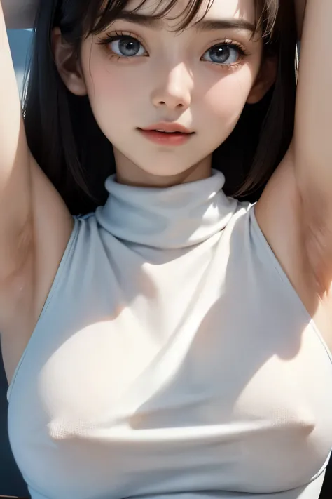  top quality , detailed face ,  cute face,  Masterpiece ,  lady,  cap,  pure white sleeveless high neck sweater,  raising arms to show armpits, Bare shoulders, Bare arms,(close-up :1.5),Big Breasts, (Bright sunlight, coffee shop)
