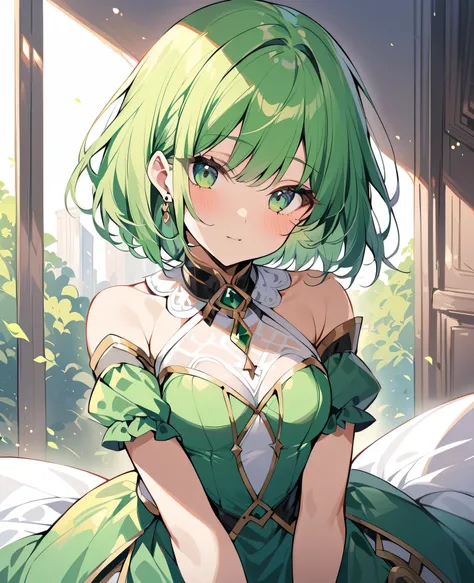 1 person, girl, top rated on pixiv, Masterpiece,Green Hair, short bob hair, green eyes,Princess,