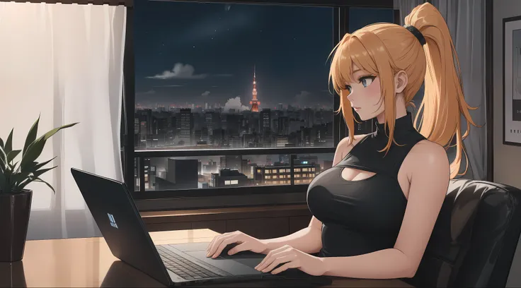 "A young woman with blonde red hair tied in a ponytail is sitting in front of a laptop, her hands actively typing as she focuses intently on coding. The camera angle captures her from the side, showcasing her black tank top and black leggings. The desk is ...