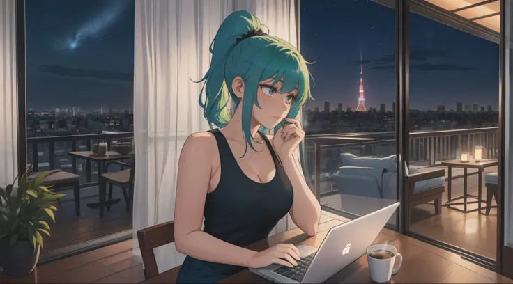 "A young woman with green hair tied in a ponytail is sitting on a chair in front of a balcony, gazing up at the starry night sky. She is wearing a black tank top and blue jeans, her posture relaxed yet thoughtful. A laptop rests open on the small table bes...