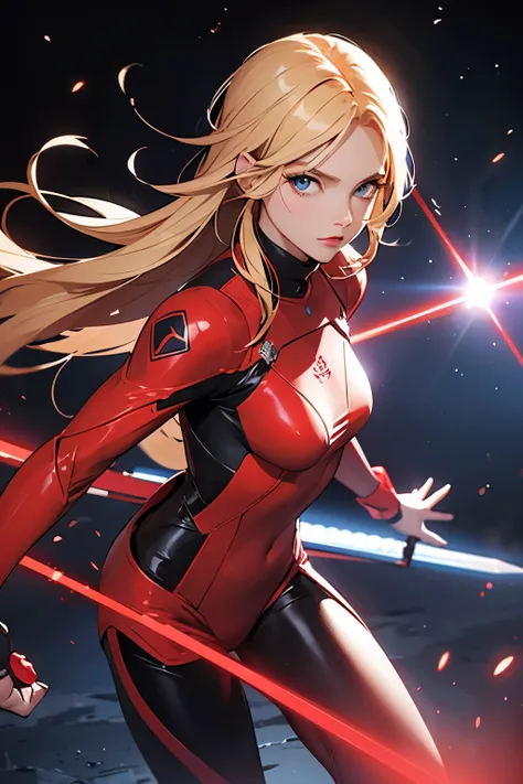 A picture of a beautiful blonde-haired, blue-eyed woman holding a laser sword. The woman is wearing a red metallic combat suit and is inside a spaceship.