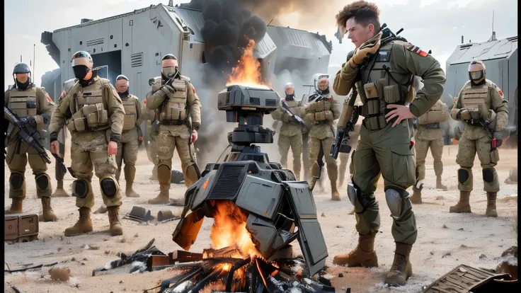 soldiers in uniform stand around a fire with a robot in front of them, scene from live action movie, epic scifi movie still, depicted as a scifi scene, scene from dune 2 0 2 1 movie, still from a ridley scott movie, still from a live action movie, from a 2...