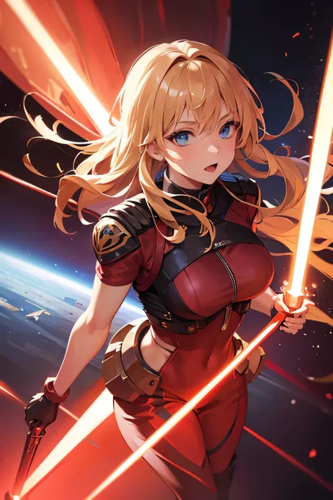 A picture of a beautiful blonde-haired, blue-eyed woman holding a laser sword. The woman is wearing a red metallic combat suit and is inside a spaceship.