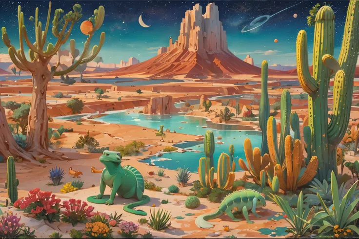 It depicts a desert landscape with chameleons and other animals and hourglasses, Plants that grow on it , Other planets.  Gash , in  Gash  detailed paintings,  Jane Newland , detailed  Gash  paintings, by Camille Bombois,  Emily Murray Patterson ,  by Wile...