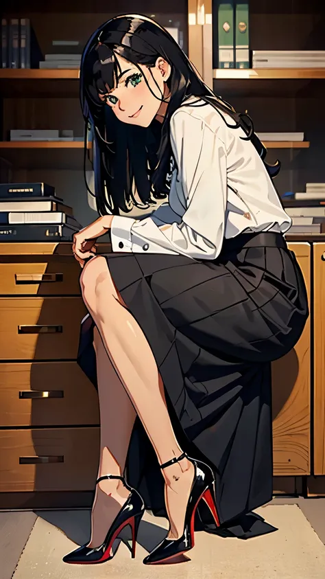    ((masterpiece, high resolution, better quality, better details)), ((Smiling)), ((one girl)) va girl sorting files in a cabinet, full body, wearing a maxi skirt, long skirt, ((long skirt without openings)), paired with a professional blouse, ((Louboutin ...