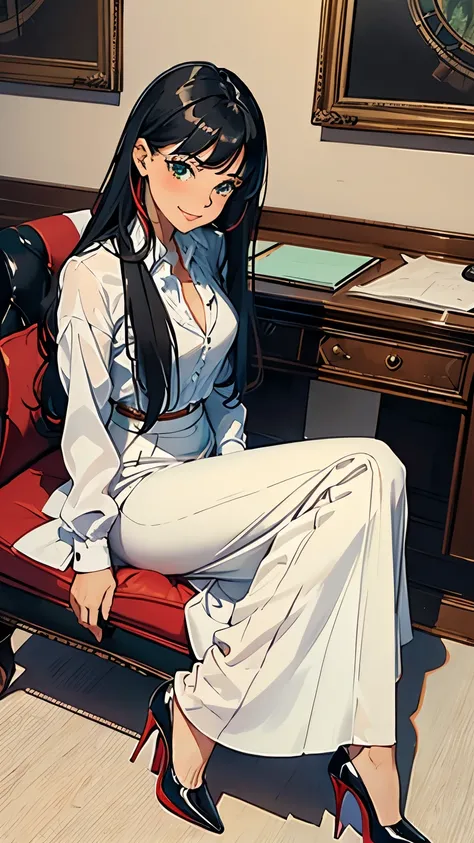    ((masterpiece, high resolution, better quality, better details)), ((Smiling)), ((one girl)) a girl sitting in a spacious office lounge, full body, wearing a long, maxi skirt, ((long skirt without openings)), ((Louboutin high heels)), green eyes, ((black...