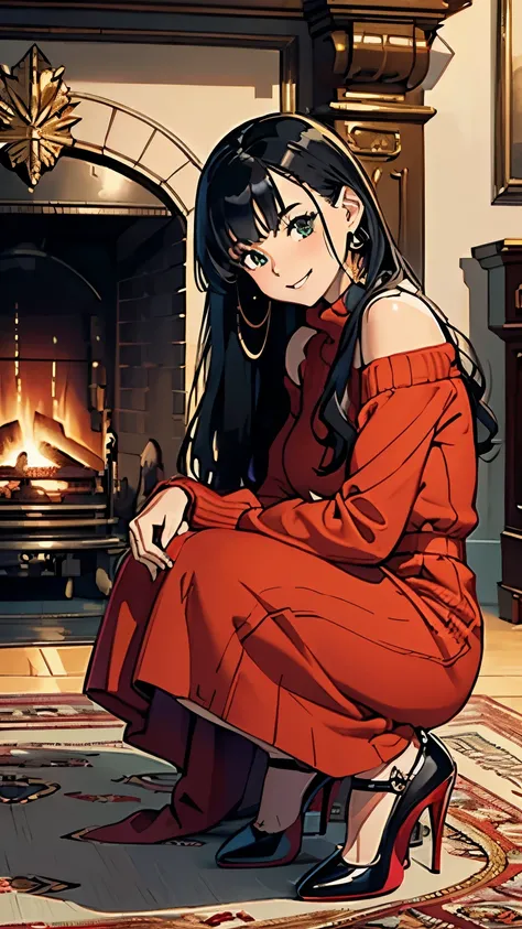    ((masterpiece, high resolution, better quality, better details)), ((Smiling)), ((one girl)) a girl sitting on a plush carpet in a cozy home library, full body, wearing a long, soft knit sweater dress, ((long dress without openings)), ((Louboutin high he...