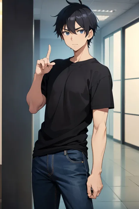 A man in a black shirt and jeans is holding out his hand, index finger, Young Anime Guy, as an anime character,  Handsome Anime Pose , Today&#39;s anime stills, In the anime, ( ( ( Yoshinari ) ) ),  HES WEARING A BLACK T-SHIRT , Group anime images , cartoo...