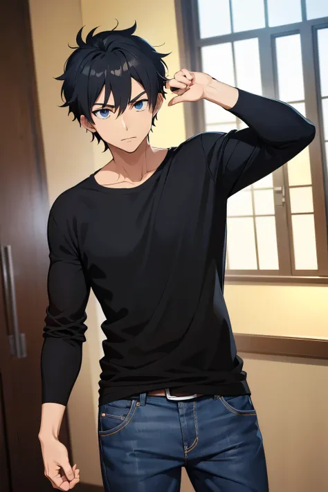 A man in a black shirt and jeans is holding out his hand, index finger, Young Anime Guy, as an anime character,  Handsome Anime Pose , Today&#39;s anime stills, In the anime, ( ( ( Yoshinari ) ) ),  HES WEARING A BLACK T-SHIRT , Group anime images , cartoo...