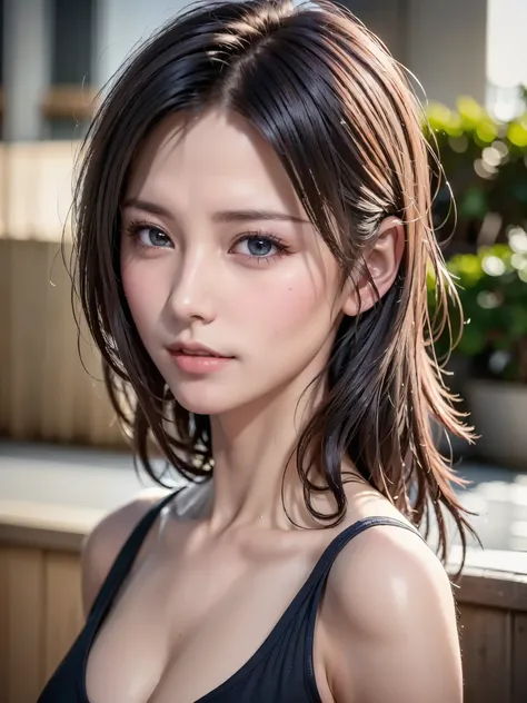 (masutepiece:1.3), (8K, Photorealistic, Raw photo, Best Quality: 1.4), (1girl in), Beautiful face, (Realistic face), (Black hair, Short hair:1.3), bikini of, Beautiful hairstyle, Realistic eyes, Beautiful detailed eyes, (Realistic skin), Beautiful skin, (N...