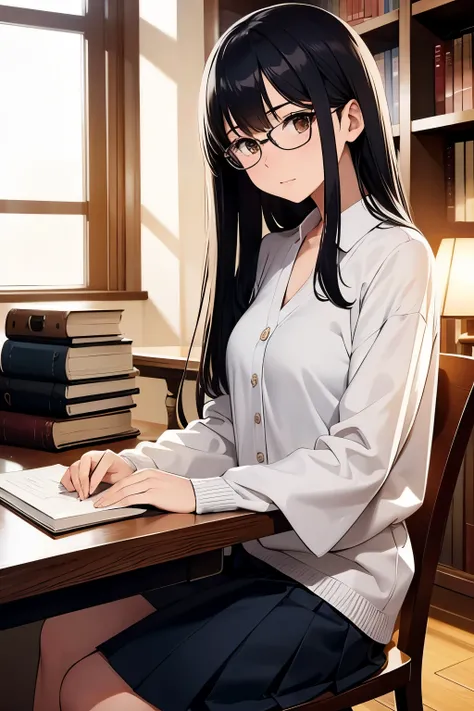 A 21-year-old Japanese female with long straight black hair and glasses. She has an intelligent and composed expression, wearing a neat and formal outfit: a white blouse, a navy cardigan, and a pleated skirt. She is seated at a wooden desk in a library, su...