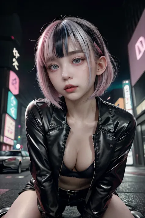  gold and black and light blue and silver and pink hair、O multicolored hair、 Photorealistic,  High Definition , Heterochromia eyes, small moles under eyes、 bob cut、blunt bangs、Lucy( cyberpunk),  one girl ,  hair crunchy in my stomach, Hime Cut, silber hair...