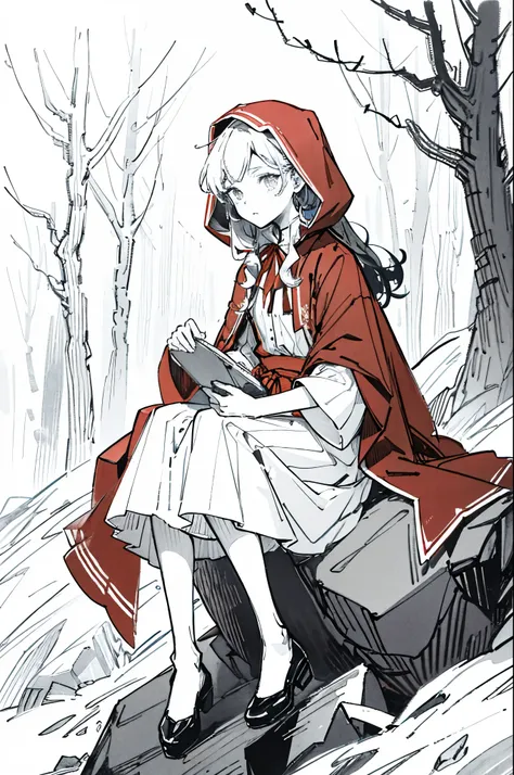 top quality, best quality, highres, unparalleled masterpiece, perfect artwork, paid reward available, anime girl in red riding hood sitting on rock in forest, an anime drawing by Shitao, pixiv, fantasy art, grayscale phtoto with red dress, red riding hood,...