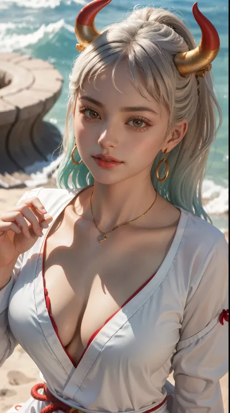 Masterpiece, Best quality, 1womanl, A high resolution,  Beautiful girl ,  yamatowanpi，Large breasts，cleavage，White color blouse，looks into camera，Bust photo，Raised sexy，Be red in the face，Sea background，ssmile