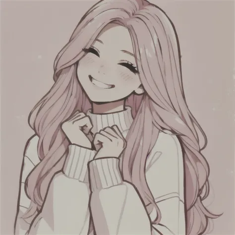  anime girl with long pink hair and white sweater holding hands lightly beside her face,  cute art style ,  cute realistic portrait,  cute girl,   Long Haired Anime Girl  , Cute portrait, [[[[Wickedly laughing ]]]], Portrait this black pink ,  cute digital...