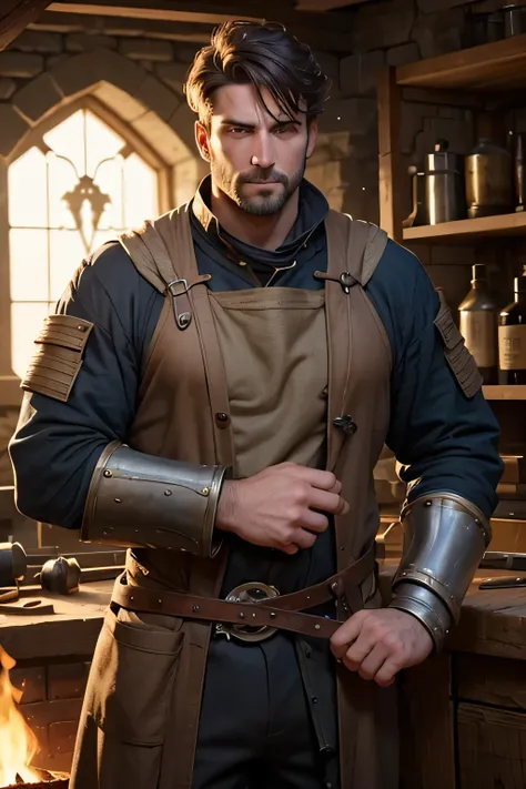 Hot fit daddy artificer, fancy medieval military artificer clothing, intimidating, in a forge, nice eyes