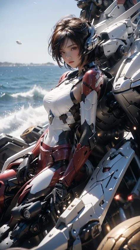 Ultra-high resolution, masterpiece, photo-realistic style, Science Fiction, with Yamagishi Junior High School in the background. A 20-year-old Poison Scorpion Girl with short hair, wearing a mecha suit designed like a scorpion, sits on a large rock by the ...