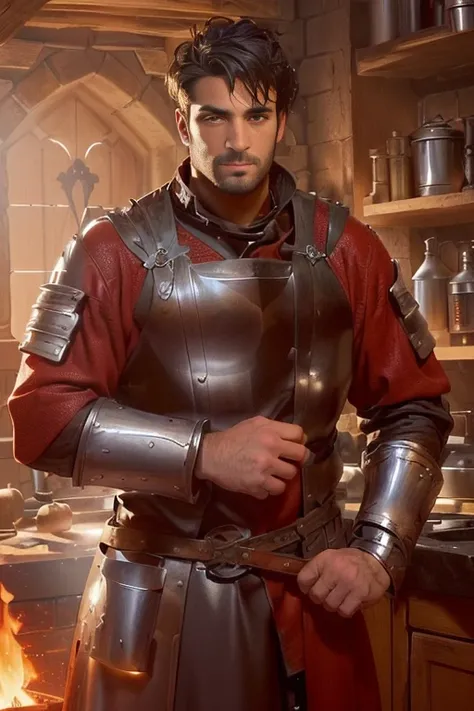 arafed man in medieval clothing standing in a kitchen with a fire, attractive beefy male with armor, attractive male with armor, rugged male medieval knight, as a medieval fantasy character, wearing leather armor, male artificer, wearing leather assassin a...