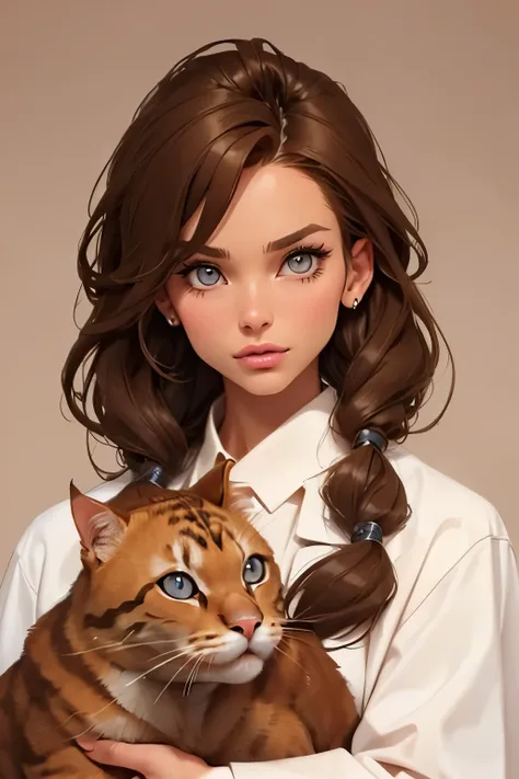 Beautiful girl . Shes after plastic surgery . bimbo . Brown-haired woman 20 years old . Small size 2 breasts . amber eyes . Shes a vet and shes petting cats . in a white Medical coat .