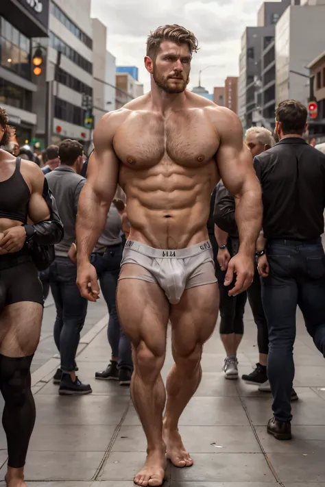 Tall man, muscular, just in underwear, huge bulge, male public hair, public hair, groin hair, chest hair, Walking in public,  with people looking around , ǝɐɪłł.  full body. bulgeJ8