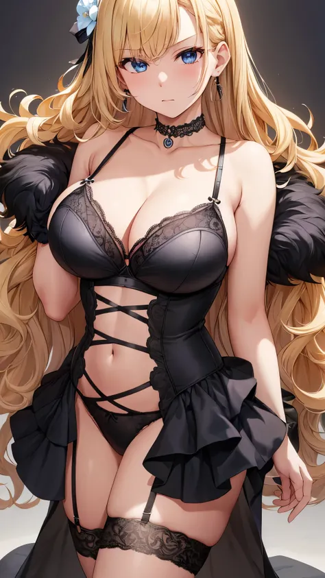 masterpiece ,  top quality 、  top quality ,(8k resolution),Beauty、(  looks like an adult), （  sexy perfect style ）、(  very big breasts:1.3 )、( medium blond hair、 Curly Hair )、( white and black lace underwear、 white and black lace bra )、 large cleavage、(( B...