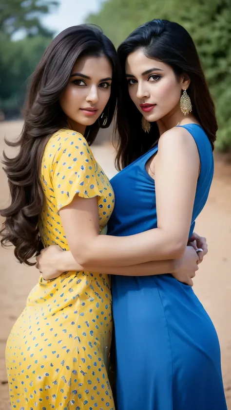 Create a photo two hot indian women very sexy bodies and very big breast curvy figure big ass wearing one women wearing white printed mini dress other wearing dark yellow printed mini dress both women so young detailed eyes blue detailed red lips brown hai...