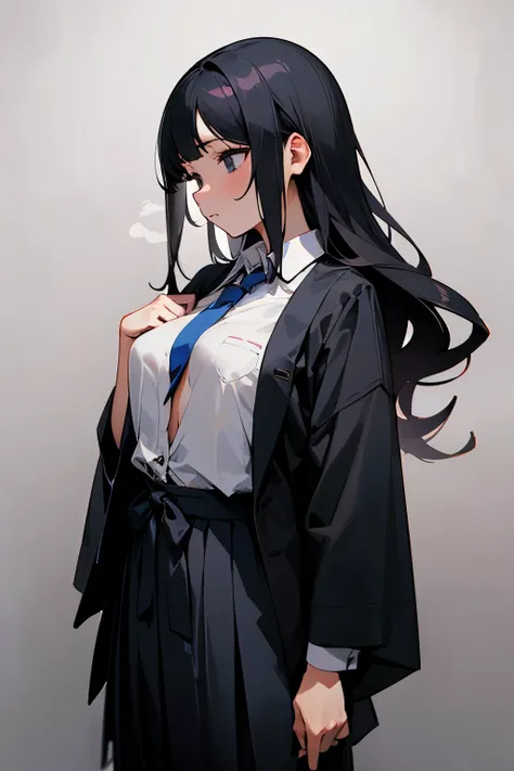 here is a woman that is wearing a tie and a shirt,japanese school uniform,long black hair,open buttons revealing boobs