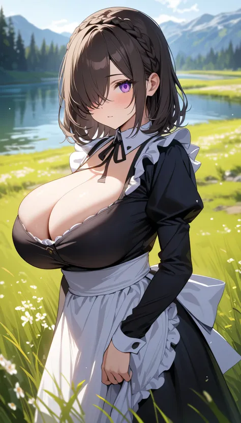 (masterpiece, Highest quality:1.2), (1girl), alone, ((medium hair)), ((dark brown hair)), (straight hair), ((hair over face)), (hair over one eye), (hair over right eye), (black maid dress), white apron, long sleeves, (purple eyes), (huge breast), high det...