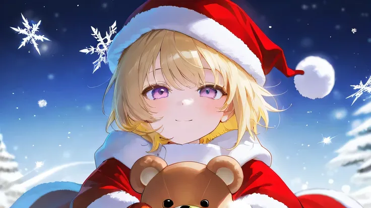 Red Santa Claus　snow　Teddy bear　 blonde long　 Snowflakes 　Moe art　 full picture　Christmas night