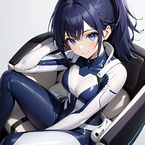 (​masterpiece、 top quality 、 highest resolution、Clear image、 detailed images、 The angle is from above ): ( A Japanese woman 、 high knot ponytail、 Dark Blue Hair 、Sparkling Blue Eyes、( white and navy blue pilot suit with enamel finish、 white and dark blue f...