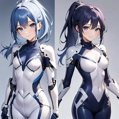 (​masterpiece、 top quality 、 highest resolution、Clear image、 detailed images、 The angle is from above ): ( A Japanese woman 、 high knot ponytail、 Dark Blue Hair 、Sparkling Blue Eyes、( white and navy blue pilot suit with enamel finish、 white and dark blue f...