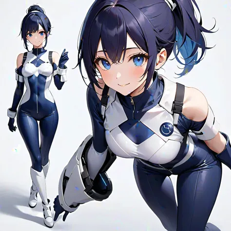 (​masterpiece、 top quality 、 highest resolution、Clear image、 detailed images、 The angle is from above ): ( A Japanese woman 、 high knot ponytail、 Dark Blue Hair 、Sparkling Blue Eyes、( white and navy blue pilot suit with enamel finish、 white and dark blue f...