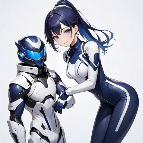 (​masterpiece、 top quality 、 highest resolution、Clear image、 detailed images、 The angle is from above ): ( A Japanese woman 、 high knot ponytail、 Dark Blue Hair 、Sparkling Blue Eyes、( white and navy blue pilot suit with enamel finish、 white and dark blue f...